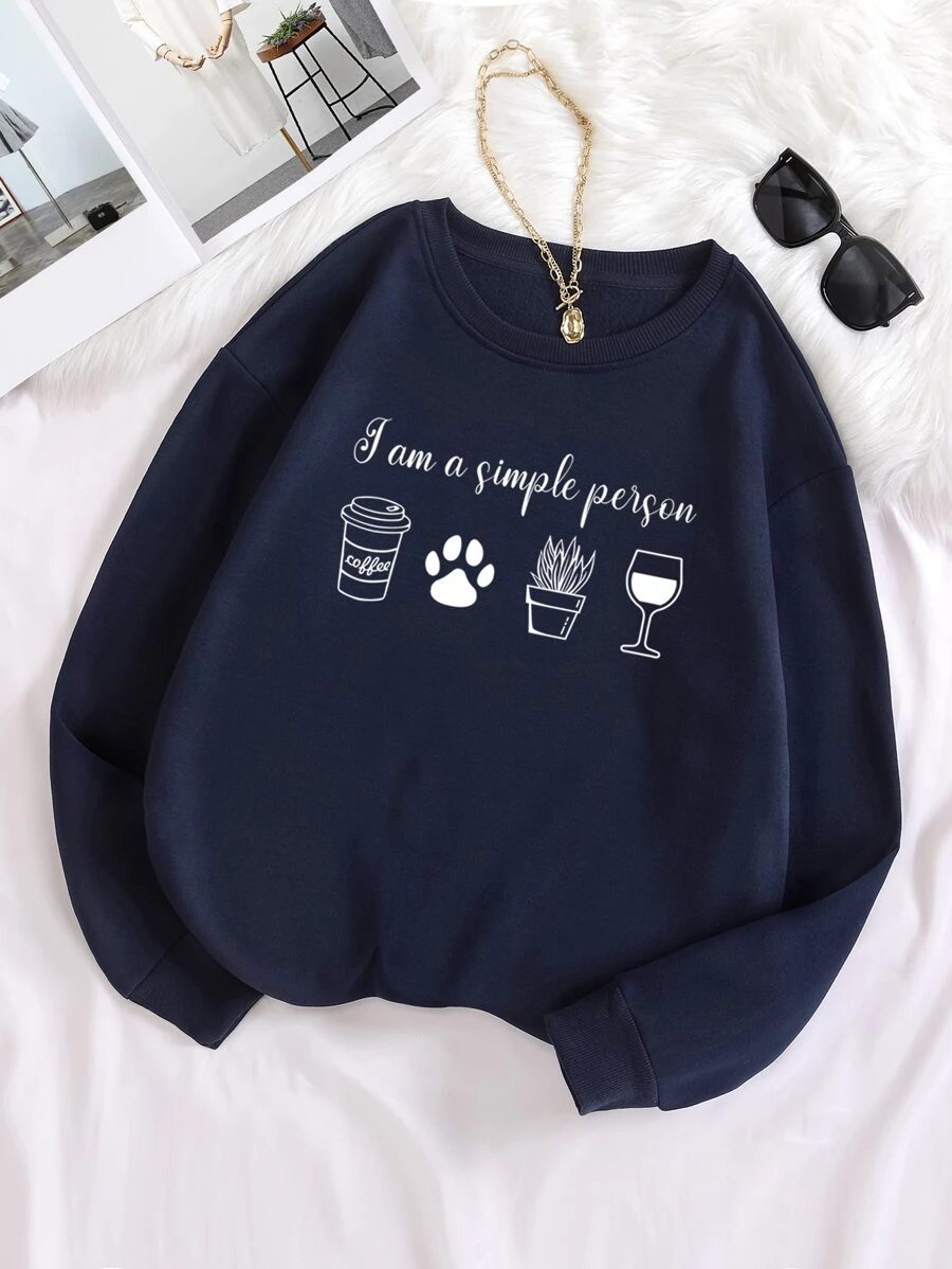 SHEIN EZwear Plus Slogan Graphic Thermal Lined Sweatshirt - Navy Blue - View 1