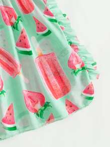 Girls Watermelon Print Ruffle Trim Cover Up - Green - View 4