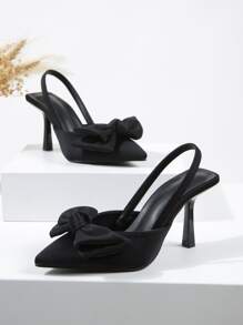 Bow Decor Point Toe Slingback Pumps - Black - View 1