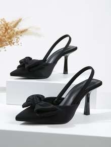Bow Decor Point Toe Slingback Pumps - Black - View 7