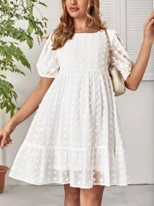 SHEIN Maternity Swiss Dot Ruffle Hem Smock Dress - White - View 4