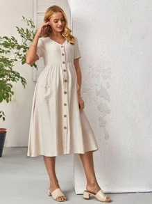 SHEIN Maternity Button Front Patch Pocket Smock Dress - Beige - View 4