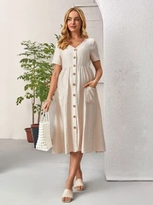 SHEIN Maternity Button Front Patch Pocket Smock Dress - Beige - View 1