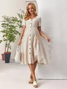 SHEIN Maternity Button Front Patch Pocket Smock Dress - Beige - View 5