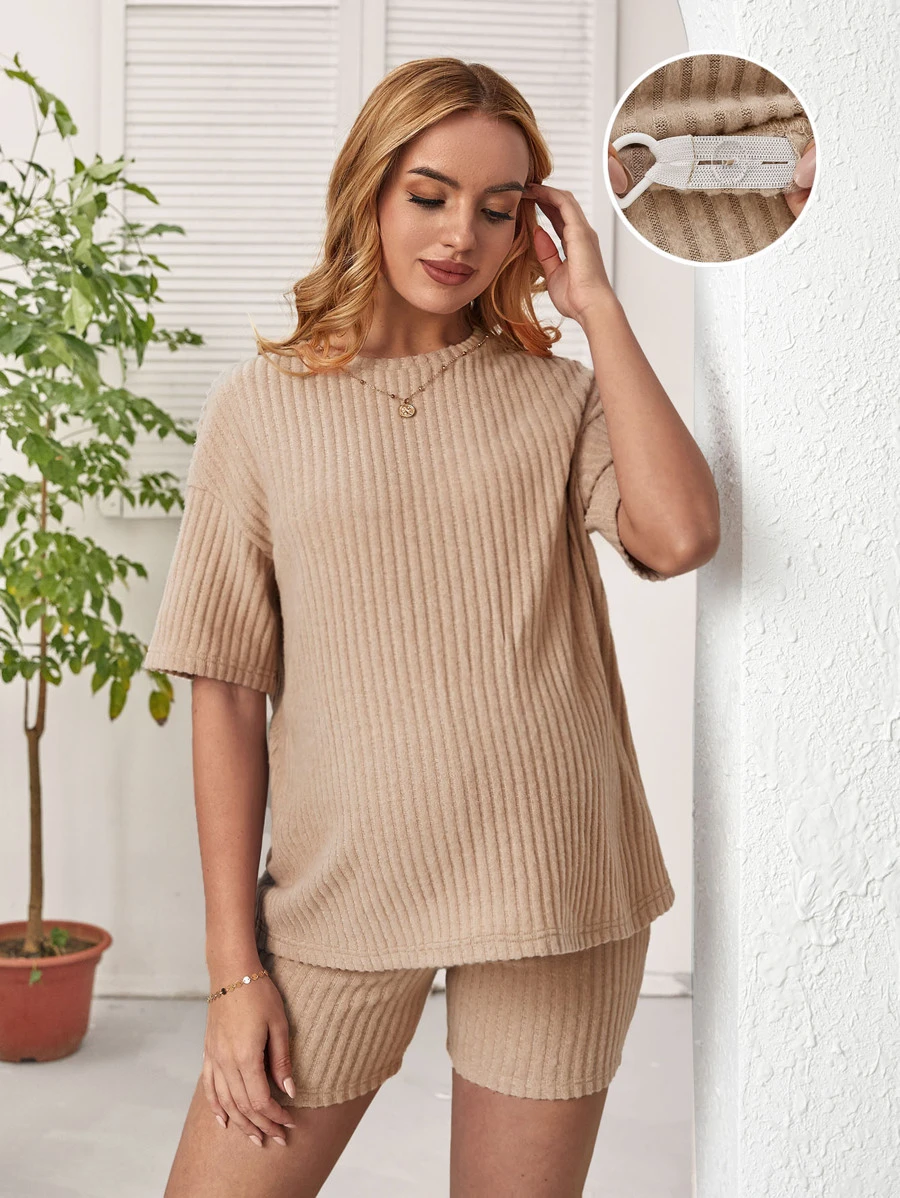 SHEIN Bộ đồ hai mảnh Bà bầu Gân đan màu trơn Giải trí - Màu Khaki - Xem 1