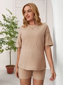 SHEIN Bộ đồ hai mảnh Bà bầu Gân đan màu trơn Giải trí - Màu Khaki - Xem 5