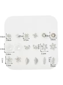 RINTOLER 9 pares de pendientes con rhinestones y decoración de flores, regalo para el Día de San Valentín, Día de la Madre - Plateado - Ver 3