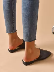 Minimalist Square Toe Flat Mules, Women's Simple And Elegant Square-Toe Flat Shoes With Black Color, Low Vamp, Chunky And Short Heels, Made Of PU Material For Commuting And All Seasons - Black - View 2