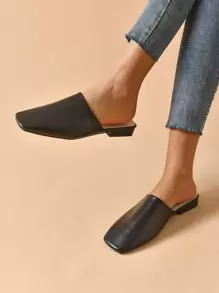Minimalist Square Toe Flat Mules, Women's Simple And Elegant Square-Toe Flat Shoes With Black Color, Low Vamp, Chunky And Short Heels, Made Of PU Material For Commuting And All Seasons - Black - View 4