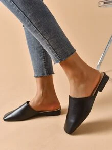 Minimalist Square Toe Flat Mules, Women's Simple And Elegant Square-Toe Flat Shoes With Black Color, Low Vamp, Chunky And Short Heels, Made Of PU Material For Commuting And All Seasons - Black - View 5