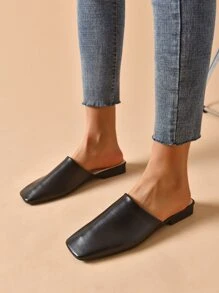 Minimalist Square Toe Flat Mules, Women's Simple And Elegant Square-Toe Flat Shoes With Black Color, Low Vamp, Chunky And Short Heels, Made Of PU Material For Commuting And All Seasons - Black - View 7