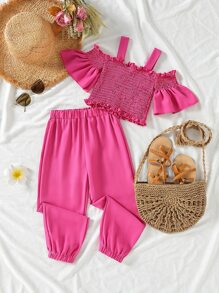 Toddler Girls Cold Shoulder Frill Trim Top & Trousers - Hot Pink - View 1