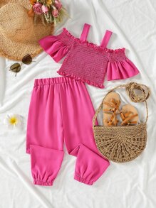 Toddler Girls Cold Shoulder Frill Trim Top & Trousers - Hot Pink - View 2