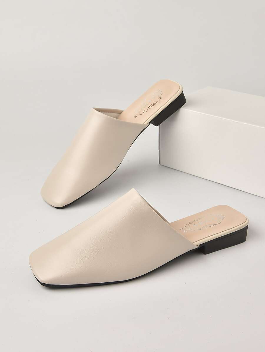 Minimalist Square Toe Flat Mules - Beige - View 1