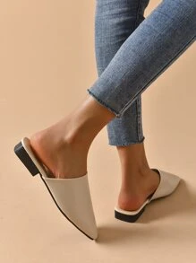 Minimalist Square Toe Flat Mules - Beige - View 2