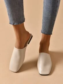 Minimalist Square Toe Flat Mules - Beige - View 5