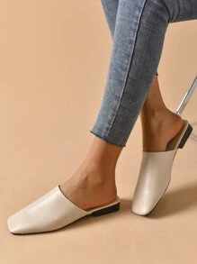Minimalist Square Toe Flat Mules - Beige - View 6