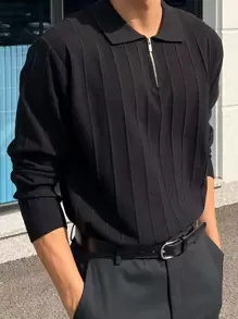 DAZY Men Quarter Zip Polo Shirt Long Sleeve Men Shirt Business Attire - Black - View 1