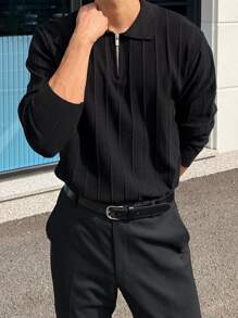 DAZY Men Quarter Zip Polo Shirt Long Sleeve Men Shirt Business Attire - Black - View 2