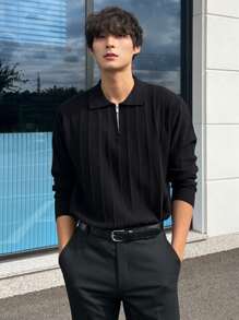 DAZY Men Quarter Zip Polo Shirt Long Sleeve Men Shirt Business Attire - Black - View 4