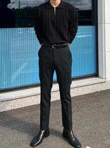 DAZY Men Quarter Zip Polo Shirt Long Sleeve Men Shirt Business Attire - Black - View 6