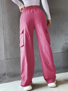 SHEIN Unity Quần nữ Túi màu trơn Giải trí - Màu Hồng Tươi - Xem 2