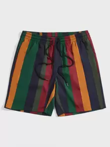 Manfinity VCAY Men Striped Print Drawstring Waist Shorts Baggy Cool Stripe Colorful Vacation Boho