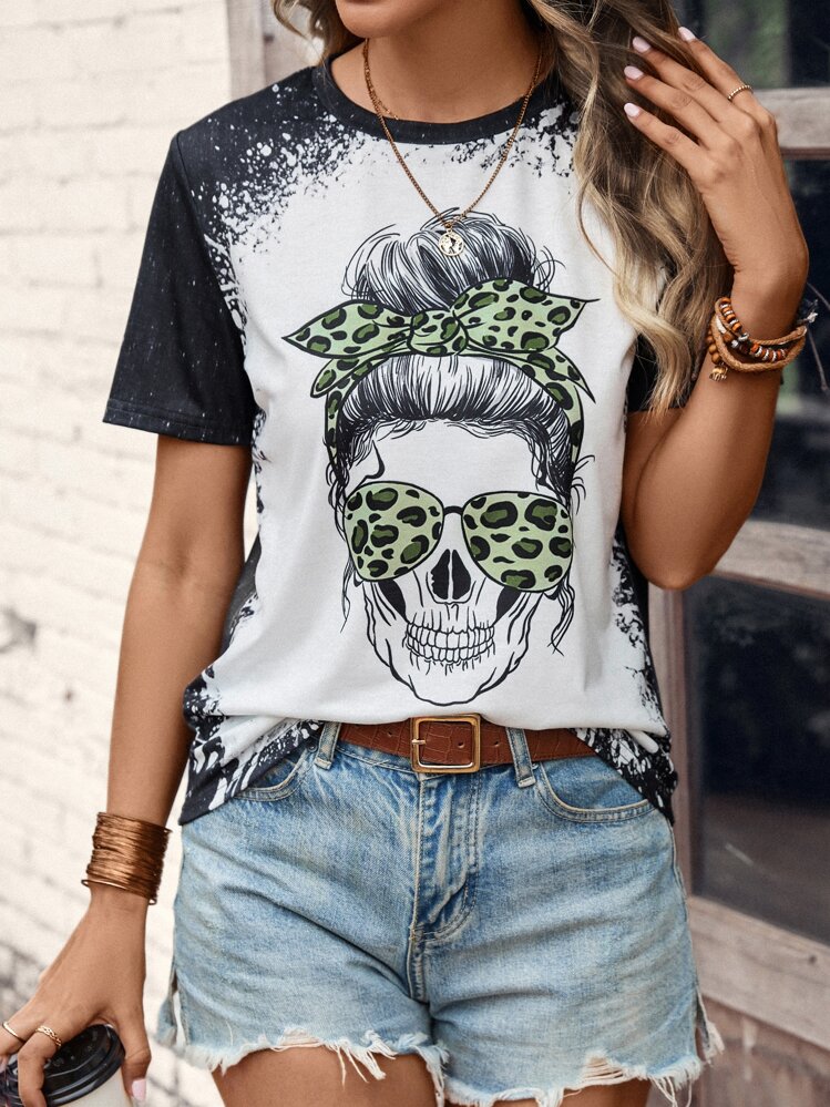SHEIN LUNE Skull Print Tee - Black and White - View 1