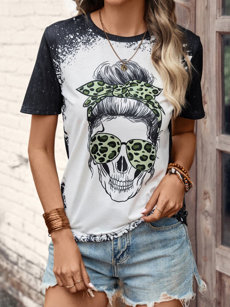 SHEIN LUNE Skull Print Tee - Black and White - View 4