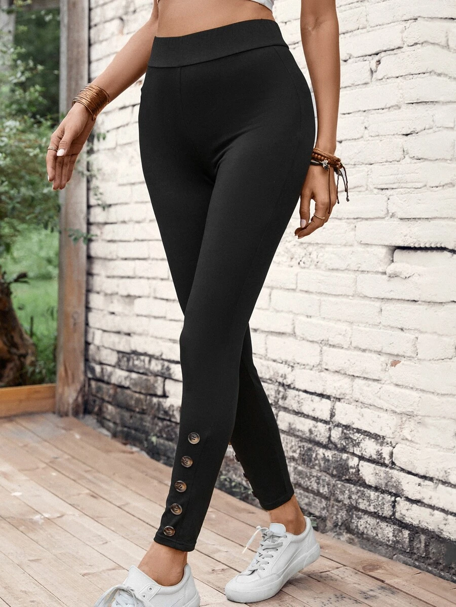 SHEIN Essnce Button Detail Leggings - Black - View 1