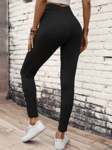 SHEIN Essnce Button Detail Leggings - Black - View 2