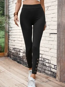 SHEIN Essnce Button Detail Leggings - Black - View 3