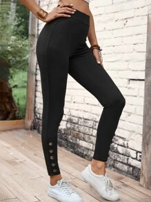 SHEIN Essnce Button Detail Leggings - Black - View 4