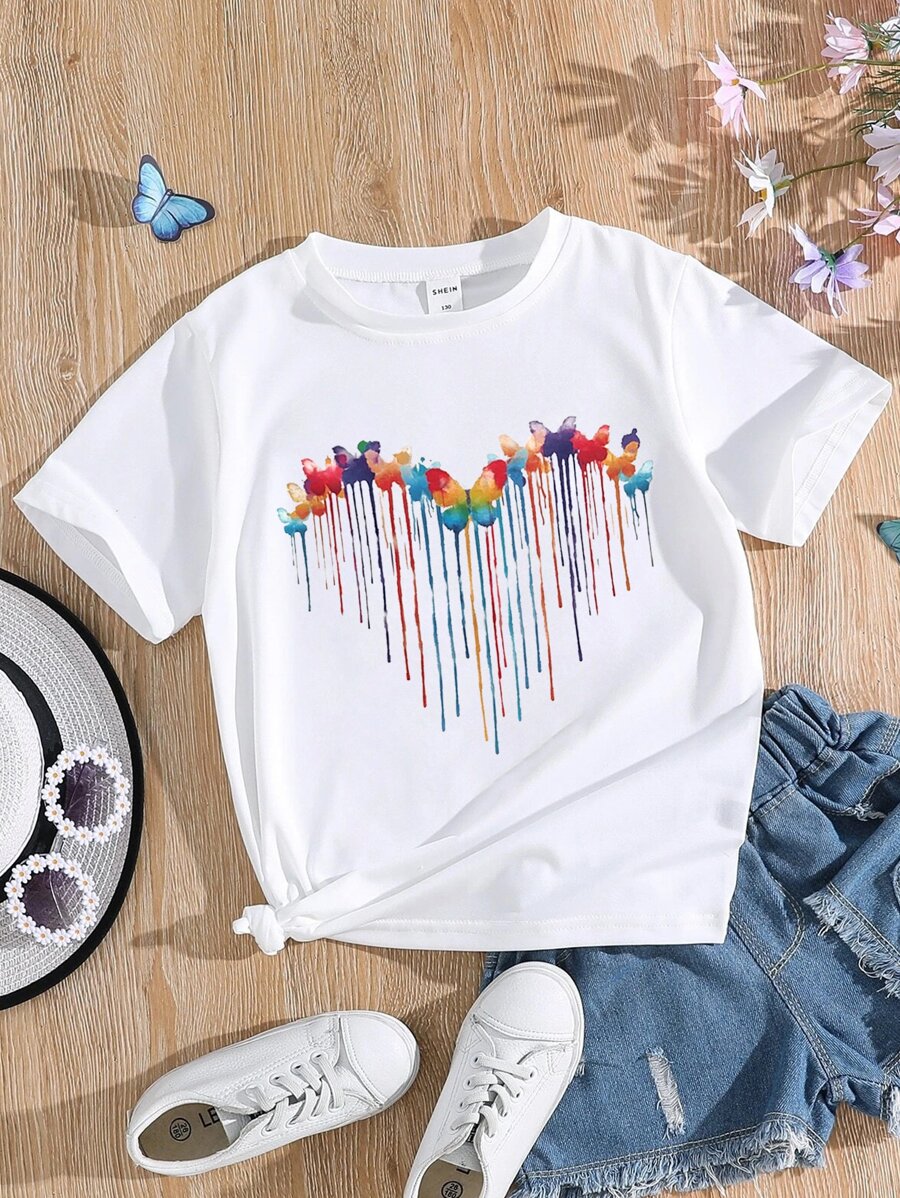 SHEIN 女孩蝴蝶圖案T恤 - 白色 - 查看 1