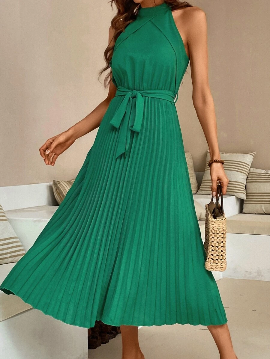 Breezaya Pleated Hem Belted Keyhole Back Dress - Green - View 1