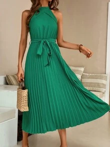 Breezaya Pleated Hem Belted Keyhole Back Dress - Green - View 3