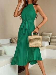 Breezaya Pleated Hem Belted Keyhole Back Dress - Green - View 5