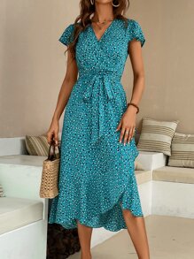 SHEIN VCAY Ditsy Floral Print Butterfly Sleeve Ruffle Hem Dress - Cadet Blue - View 3