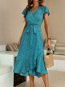 SHEIN VCAY Ditsy Floral Print Butterfly Sleeve Ruffle Hem Dress - Cadet Blue - View 4