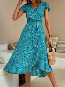 SHEIN VCAY Ditsy Floral Print Butterfly Sleeve Ruffle Hem Dress - Cadet Blue - View 6