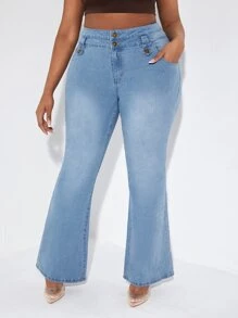 SHEIN Plus High Waist Flare Leg Jeans - Light Wash - View 1