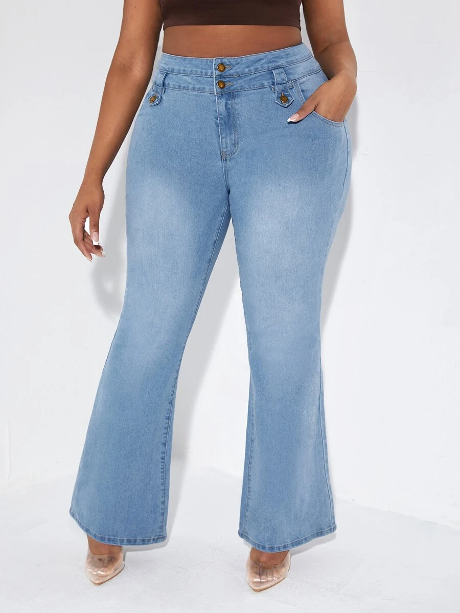 SHEIN Plus High Waist Flare Leg Jeans - Light Wash - View 1