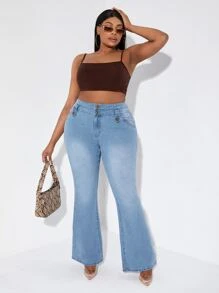 SHEIN Plus High Waist Flare Leg Jeans - Light Wash - View 3