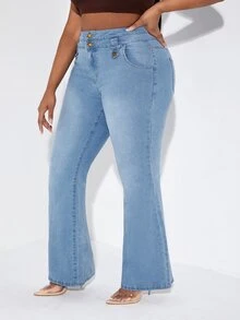 SHEIN Plus High Waist Flare Leg Jeans - Light Wash - View 5