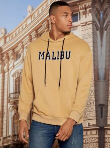 Manfinity Hypemode Men Letter Graphic Kangaroo Pocket Drawstring Hoodie - Khaki - View 1