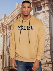 Manfinity Hypemode Men Letter Graphic Kangaroo Pocket Drawstring Hoodie - Khaki - View 4