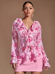 SHEIN BAE Floral Print Ruffle Trim Flounce Sleeve Blouse - Multicolor - View 1