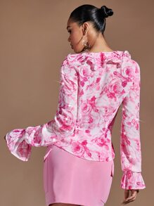 SHEIN BAE Floral Print Ruffle Trim Flounce Sleeve Blouse - Multicolor - View 2