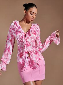 SHEIN BAE Floral Print Ruffle Trim Flounce Sleeve Blouse - Multicolor - View 4