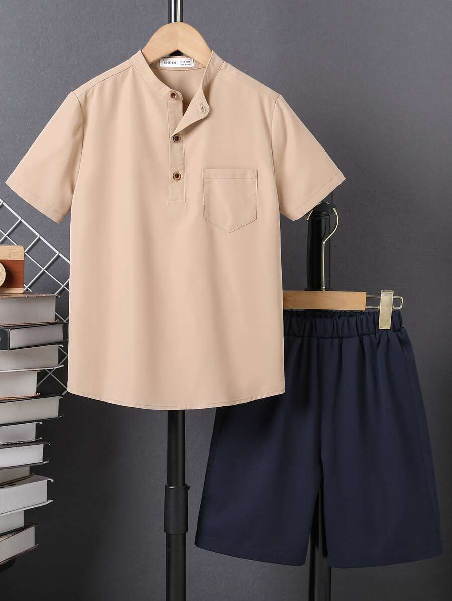 Boys Patched Pocket Half Button Shirt & Shorts - Multicolor - View 1